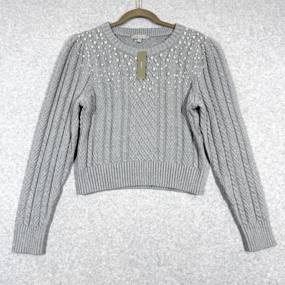 J Crew Sweater Womens Medium Pearl Embellished Cable Knit Lady Puff Sleeve NWT - Picture 1 of 13